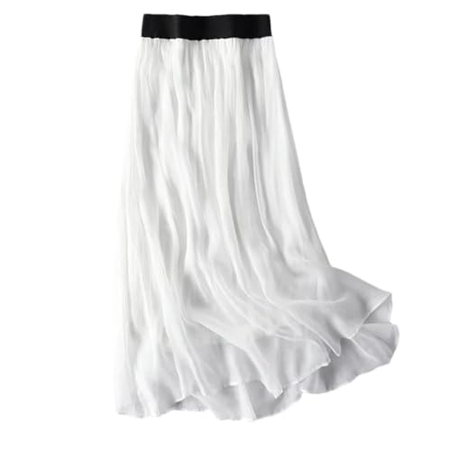 Women Summer Silk Tulle Skirts Slim Vacation Silk Maxi Skirt Solid Thin A-Line Midi Skirt
