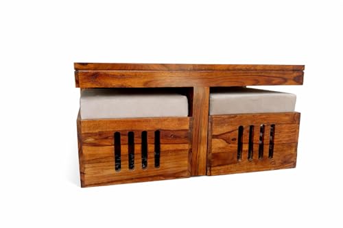 Image of Solid Sheesham Wood Center Coffee Table Set - Includes 4 Stools and Glass top Table Wooden Niwar Design ; Furniture for Living Room, Hall and Office. (Natural)