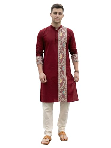 Image of Men's Jamdani Printed Kurta Pajama Set | Pure Cotton Ethnic Kurta with Mandarin Collar & Dupion Silk Pyjama | Festive & Weddings 303A12A 303SB12B(M XXL)