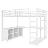 Sang Seiyoga Queen Size Loft Bed with L Shaped Desk & Wardrobe, All in One Metal Loft Bed Frame for Small Space, Built in Storage Shelves & Cubes for Teen, Student, Adult, Easy Assembly