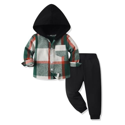 Yanmucy Conjunto de ropa para niños pequeños, 2 piezas, algodón, a cuadros, sudaderas con capucha, camisas, pantalones, traje para niños pequeños, traje para niños (verde oscuro, 5-6 años)