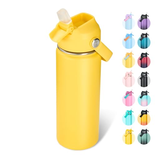 Fijinhom 18oz Insulated Stainless Steel Water Bottle, Wide Mouth Double Wall Vacuum, Silicone Straw, Sweat & Leak Proof, BPA Free Insulated Water Flask for Travel, Keep Cold 24h Hot 12h, Yellow