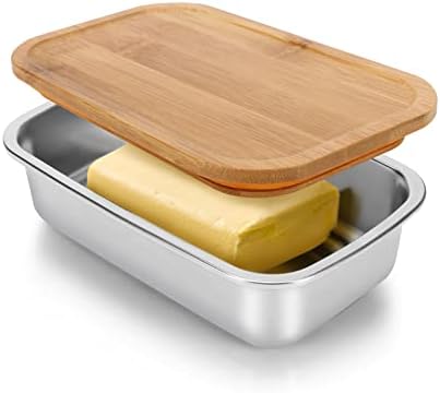 Topretty Butter Dish, 600 ml Stainless Steel Butter Holder, Airtight Butter Container with Bamboo Lid, Silicone Sealing, Farmhouse Covered Butter Keeper for Countertop, East-West Coast Butter