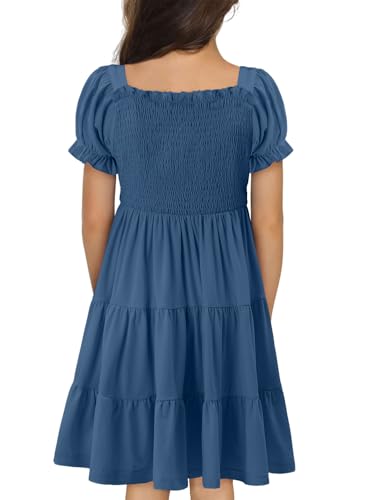 Yoklass Girls Casual Smocked Dress Square Neck Puff Short Sleeve Ruffle Dresses 4-13 Years4