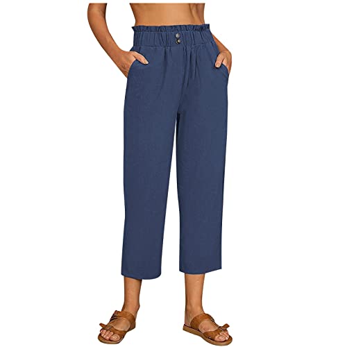 Elastic High Waisted Capris for Women Casual Loose Comfy Summer Cotton Linen Pants Wide Leg Cropped Trousers