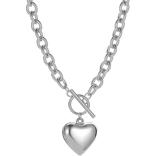 KTGUK Chunky Silver Necklace,Silver Heart Necklace,Silvers Chunky Necklaces,Heart Necklaces,Chunkys necklaces for Women,OT Toggle Chunkys Paperclip Choker necklace,for Valentine's Mothers Day