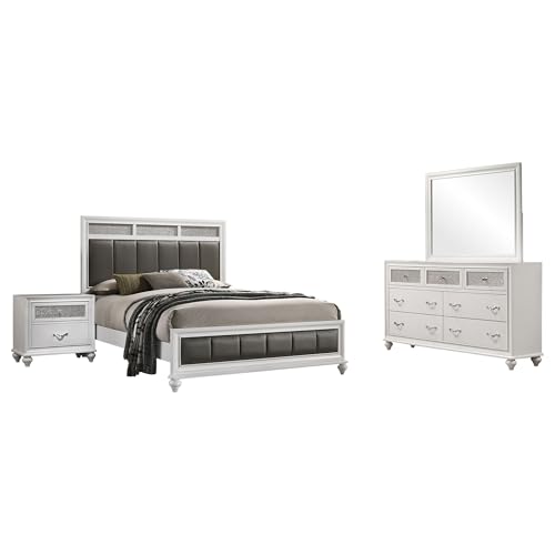 Coaster Home Furnishings Barzini Modern Classic 4-Piece Bedroom Set Leatherette Upholstered Queen Size Panel Bed Frame 56-inch Headboard White 205891Q-S4 -  Cioaster Co of America