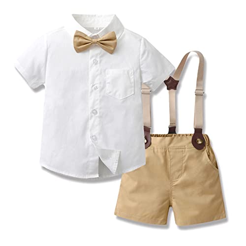 IDOPIP Toddler Baby Boys Formal Suit Baptism Christening Outfit Gentleman Striped Plaid Bowtie T-shirt + Suspenders Shorts First Birthday Tuxedo Wedding Party Summer Overalls Clothes Khaki 5-6 Years