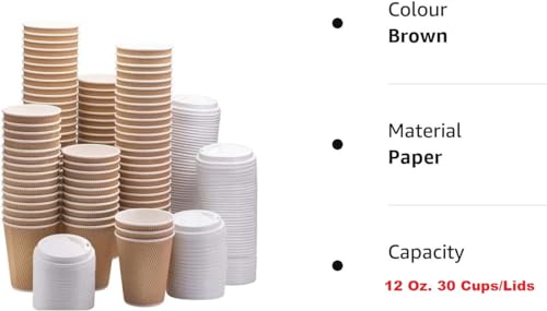 أكواب قهوة فاخرة معزولة ومموجة بنية اللون للاستخدام مرة واحدة سعة 12 أونصة [30 قطعة] مع غطاء - أكواب ورقية مموجة للمشروبات الساخنة - عبوة من 30 كوبًا وغطاء