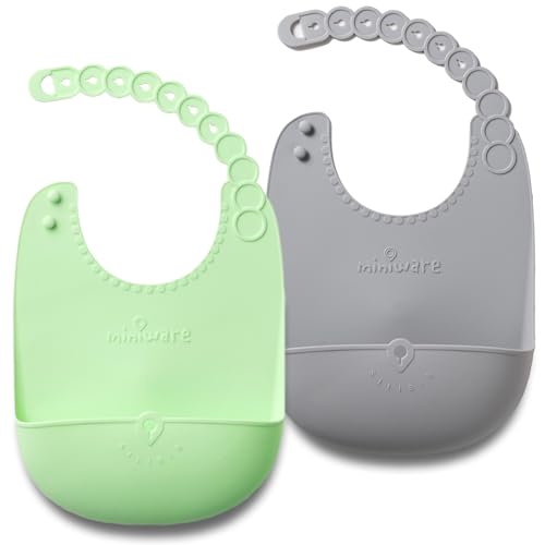 Miniware Roll & Lock Silicone Baby Bib 2 Pack, Easy Mealtime Cleanup - Adjustable Neck Strap and Food Catcher Pocket - Food-Grade Material Reduces Mess, Travel-Friendly Design (Grey + Key Lime)