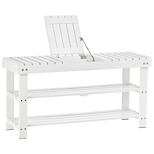 HOMCOM Banco zapatero, zapatero de madera de 3 niveles con estante y compartimento oculto, banco para pasillo, dormitorio, 90 x 29 x 45 cm, blanco