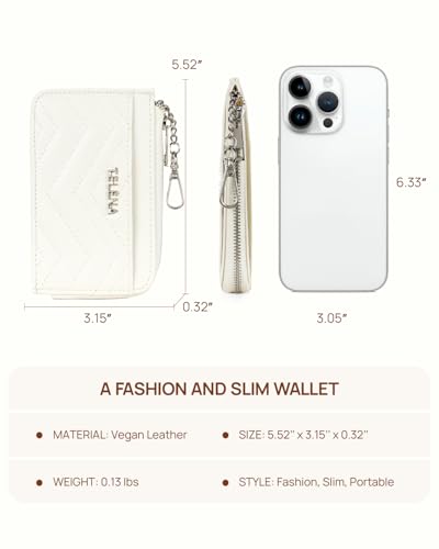 Image of Telena Slim Wallet Women RFID Blocking Credit Card Holder Leather Coin Purse with Silver Keychain Beige