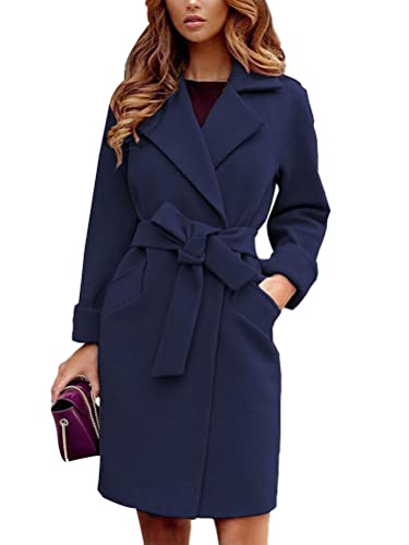 shownicer Damen Mantel Elegant Lang Wollmantel Mode Langarm Umlegekragen Einfarbig Trenchcoat Warme Outwear Herbst Winter Jacke mit Gürtel A Blau02 S