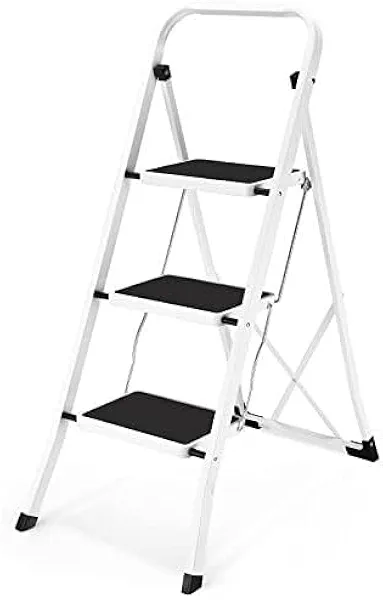 Soctone Step Ladder 3 Step Folding with Anti-Slip Pedal, Lightweight 3 Step Ladder with Handrails, 330 lbs Capacity Perfect for Kitchen & Household, White