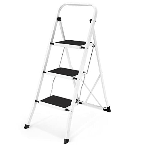 Soctone Step Ladder 3 Step Folding with Anti-Slip Pedal, Lightweight 3 Step Ladder with Handrails, 330 lbs Capacity Perfect for Kitchen & Household, White by Soctone - Used condition - US$40.40