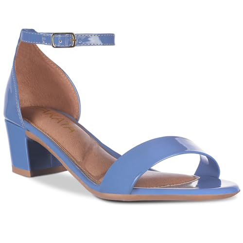 Sandalia Feminina Verniz Salto Médio Baixo Confortavel A302 (Azul, BR, Adulto, Numérico, M, 35)