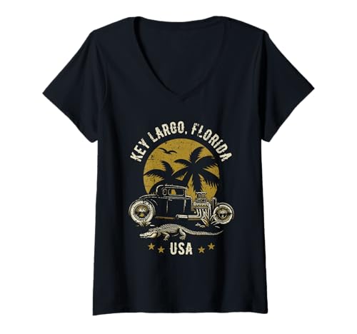 Womens Key Largo Florida Sunset Hotrod Distressed Design V-Neck T-Shirt