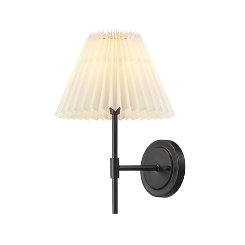 Image of Globe Electric 1-Light Wall Sconce, Matte Black, White Pleated Fabric Shade, E12 Base Socket, Candelabra Bulb, Living Room Lighting, Home Essentials, Decor, Bedroom, Mounted Bedside Lamp
