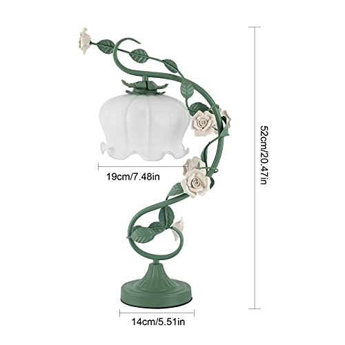 Biniliubi Flower Glass Bedside Table Lamp Green Desk Lamp Glass Rattan Green Ceramic Roses Decoration Girl Bedroom Bedside Lighting With 7.48Inches Wide Bent Glass Lampshade, 20 Inches Tall #TOP3