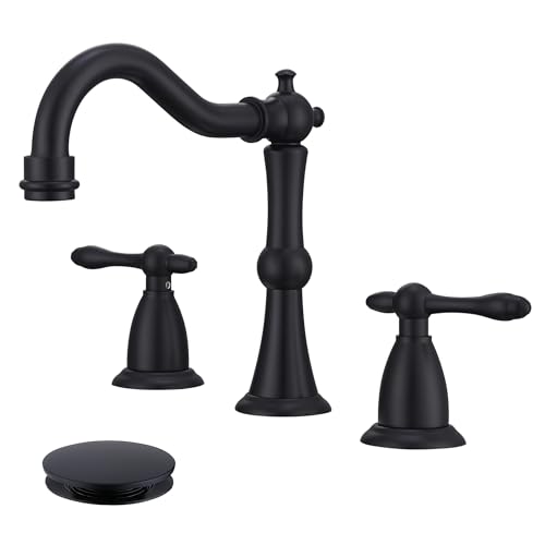 Matte Black Antique Bathroom Faucet Widespread 3 Hole Bathroom Sink Faucet Widespread with Pop Up Drain and cUPC Supply Hose Modern 2 Handle Black Sink Faucet Bathroom JXM3073BK