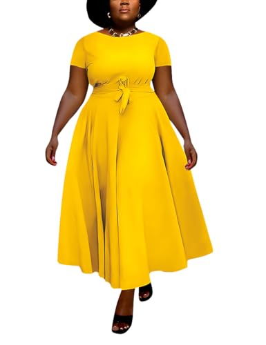 Image of Hostoyo Women Plus Size Formal A Line Maxi Dress Self Tie Waist with Pockets Elegant Round Neck Swing Long Dresses