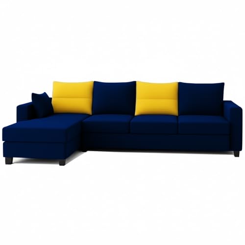 Image of CASASTYLE Texon 5 Seater Fabric LHS L Shape Sofa Set (Yellow-Dark Blue) Velvet Finish | Comfortable Sectional Sofa Set