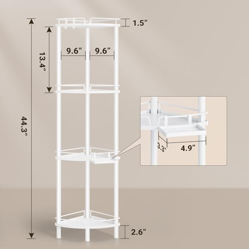 ELYKEN Corner Shower Caddy Standing, 4 Tier Rustproof Metal Shower Organizer with Soap Holder, Floor Shower Corner Shelf Rack Storage Stands with Adjustable Feet & 2 Hooks for Bathroom, White