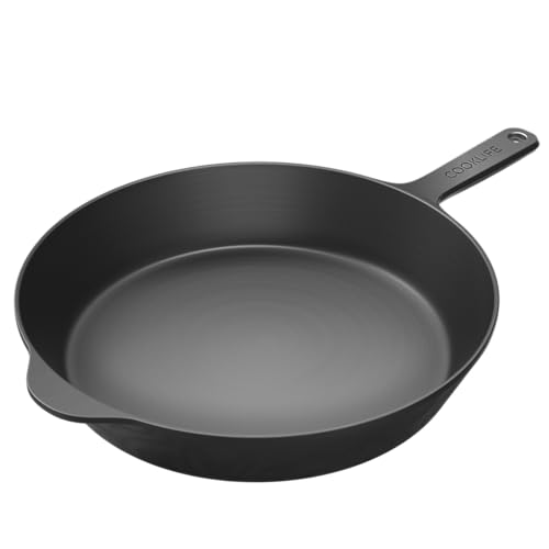 COOKLIFE 12 Inch Lightweight Pre-Seasoned Cast Iron Skillets - Smooth Polished Surface, Easy to Clean Cast Iron Pan Use in the Oven, on the Stove or Grill, Over a Campfire