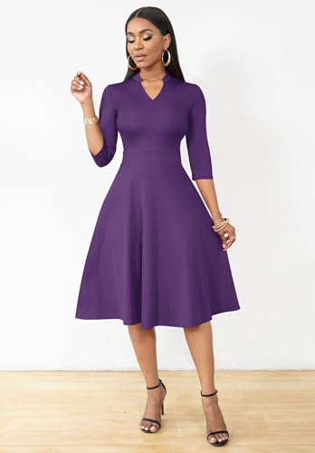 Image of Nmoder Casual Dresses for Women Semi Formal Fit and Flare 3 /4 Sleeve A-line Church Work Dress with Pockets