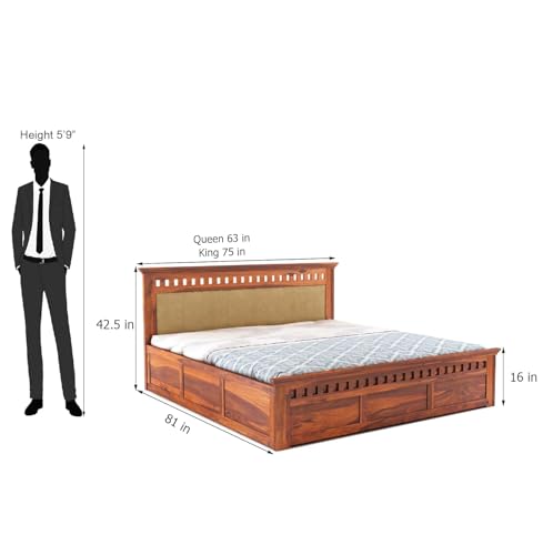 Image of Solid Sheesham Wood King Size Box Storage Bed Home | Wooden Double Bed Cot Palang for Living Room and Hotels (Cream and Honey) 1 Year Warranty