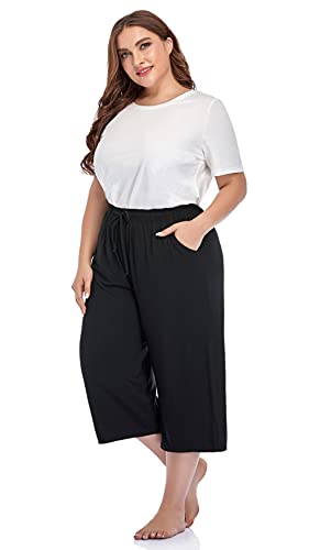 ZERDOCEAN Women's Plus Size Wide Leg Casual Lounge Pants Comfy Capris Relaxed Pajama Bottoms Drawstring Pockets3