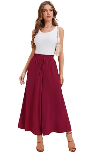 WUWUSKY Damskie Spodnie Letnie Palazzo Z Wysokim Stanem Luźne Szerokie Eleganckie Lekkie Przewiewne Z Kieszeniami Do Codziennego Użytku Pracy I Wakacji, 01 Bordowy, XL