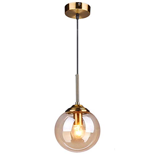 LFsem Industriel Rétro Suspensions Boule De Verre Lampe Suspension Raccords En Laiton Suspension E27 Loft Suspension pour Salon Salle À Manger Chambre (Célibataire, Ambre)