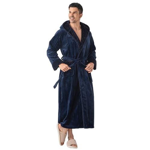 YJSGNMZA Bata con Capucha Suave para Mujeres Y Hombres, Bata Larga De Felpa Gruesa Y Cálida con Cuello En V, Albornoz De Salón para Mujeres,Navy Blue b,XL