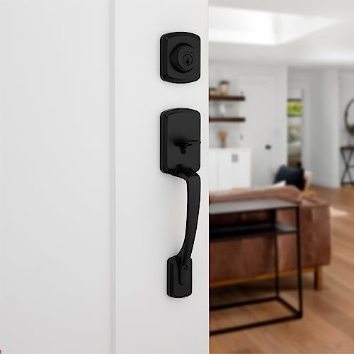 Image of Kwikset Henley Front Door Lock Handle and Deadbolt Set, Entry Door Handleset Exterior with Interior Reversible Lever, Matte Black, Pick Resistant SmartKey Rekey Deadbolt Security