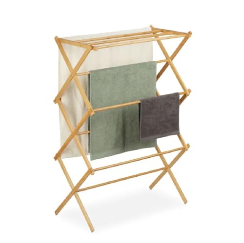HOMION Foldable Traditional Wooden Concertina Design Folding Airer - Free Standing Drying Rack (Bamboo 3 Tier)