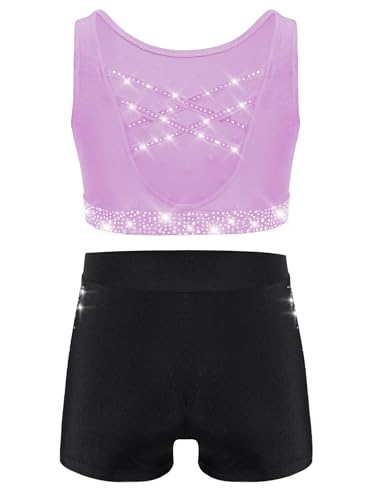 Kids Girls Gymnastics Dance Outfit Rhinestone Crop Vest Top Shorts Set Athletic Tracksuits for Yoga Light Purple Black 6 Years2