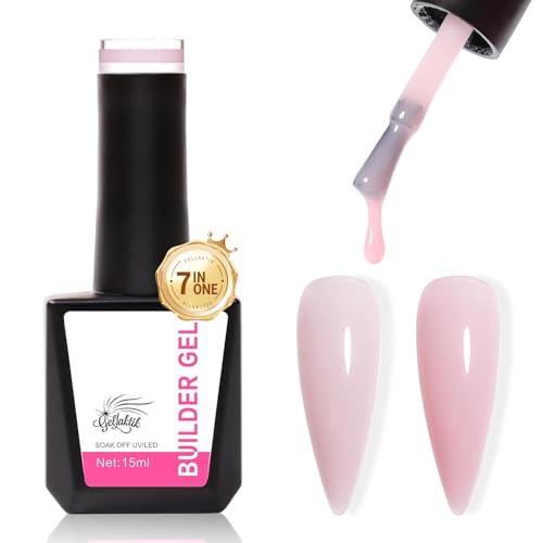 GELLAKTIK Builder Gel for Nails, 15ml 7 in 1 Builder Gel Nail Polish, LED Lamp Cured for Clear Rubber Base & Strengthener Extensions, Thickening, Repair, Salon-Quality DIY Manicure (Pink)