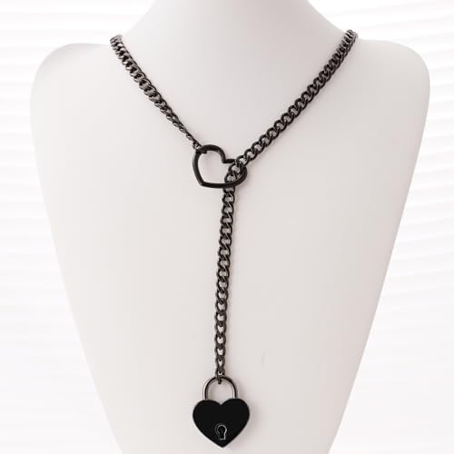 Women's Stainless Steel Heart O-Ring Adjustable Lariat Y-Necklace Punk Long Cuban Lock Necklace with Key2