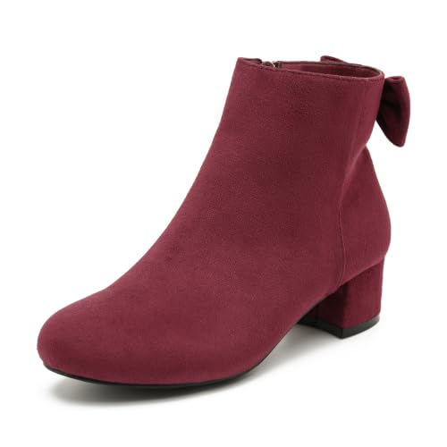 CYIYII Womens Back Bow Ankle Boots, Low Chunky Heel Booties, Side Zipper, Round Toe Dress Boots for Fall Winter Burgundy Suede 37 US 7