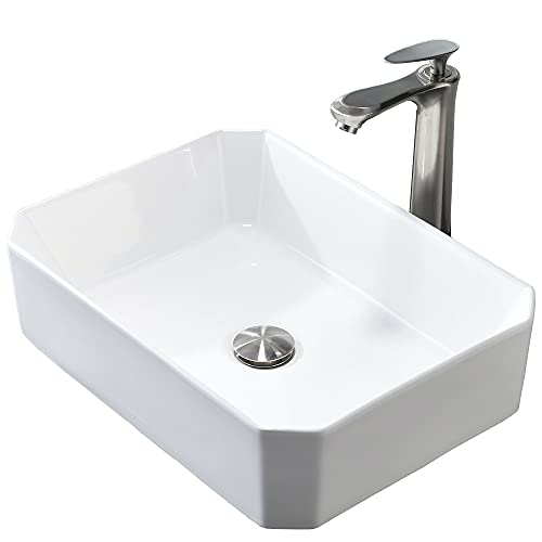 Above Counter Bathroom Vessel Sink-HOSINO 20x15 inch Bathroom Sink and Faucet Combo White Vanity Sink Ceramic Bowl Sink Countertop Sink Brushed Nickel Tall Vessel Faucet Pop-up Drain Included