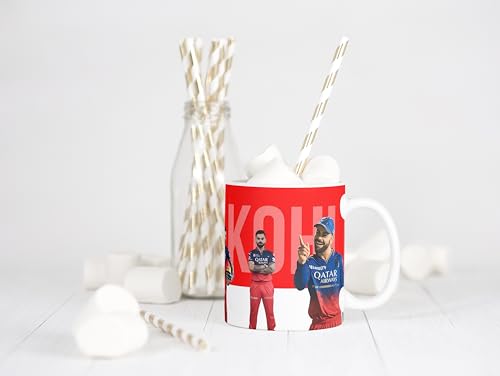 Image of Cricket Theme Coffee Mug IPL Edition - Stylish Helicopter Shot Print Cup - Gift for Cricket Fans, Boys & Friends (virat-3 RCB)
