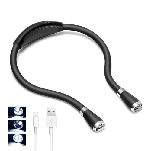 Image of LED Neck Book Light USB Rechargeable, Hands Free, 4 Super Bright LED Bulbs, 3 Adjustable Brightness, Best for Reading in Bed, Knitting, Walking, Jogging, Mending in Night (Black)