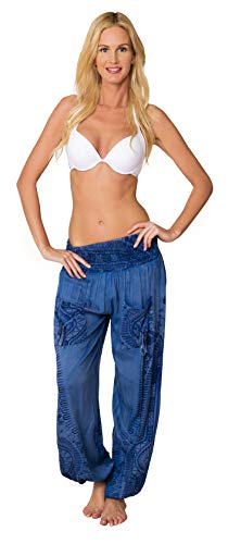 Ingear Smocked Boho Harem Pants For Women - Hippie Bohemian Casual Gypsy Print, Ideal Yoga Pant - Baggy Harem Pants(Large, Blue) #TOP1