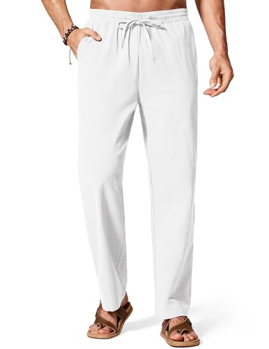 Pantalon en coton et lin blanc avec cordon de serrage confortable
