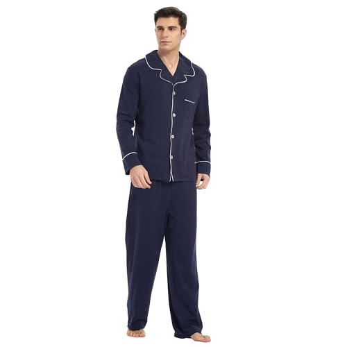 U2SKIIN Mens Cotton Pajama Set, Soft Long Sleeve Pajamas for men Lightweight Button Up Sleepwear Lounge Pjs Set with Pockets(Navy,M)