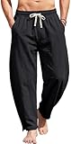 MEDUOLA Pantalon en Lin Coton Homme Sarouel Y2K Coupe Courbée Pantalons Décontracté Léger Baggy et Ample avec Poches pour Plage l'Été M,Noir