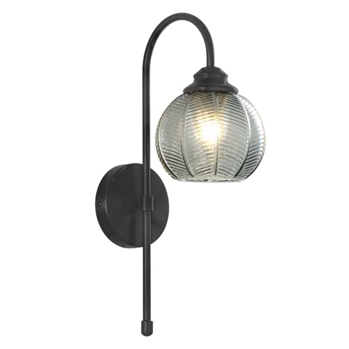 Image of KCO Lighting Smoked Glass Wall Light Large Black Globe Wall Sconce Mid Century Modern Bathroom Vanity Light Fixture Black Long Wall Sconce Farmhouse Hardwire Wall Sconce