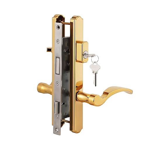 House Guard Hinged Patio Door Handle System Filled with Lever Handle Mortise Lock Set Universal Left and Right Entry Doors Handle （Brass）