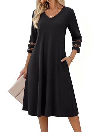 Zeagoo Robe d'été élégante pour femme - Manches 3/4 - Manches en dentelle - Robe tunique avec poches - Col en V - Robe décontractée, Noir , XL